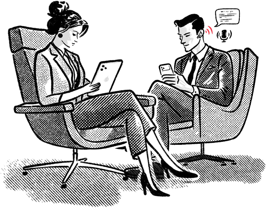Ilustración de dos ejecutivos: ella leyendo Whitepaper en una tableta, él escuchándolo con audífonos.